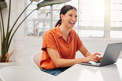 Buy stock photo Woman, happy and typing with laptop in office for planning, inspiration and story at media company. Person, writer and excited with computer for article, feedback and newsletter at creative agency