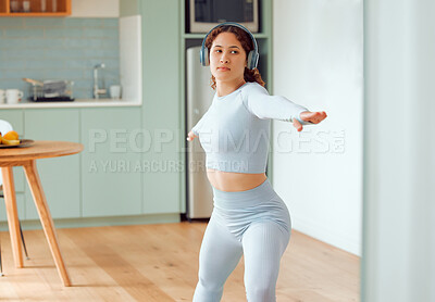 Buy stock photo Fitness, exercise and woman in home with headphones, streaming app and yoga for morning body care. Music, podcast and girl listening to calm audio for pilates workout, stretching or gym in apartment