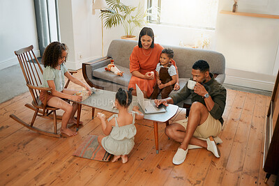 Buy stock photo Home, family and fun in living room with game, mother and African kids with bonding on sofa. Happy, weekend and father with laptop, parents support and care with youth and morning in lounge with joy