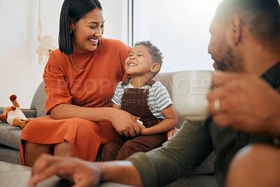 Buy stock photo Home, family and fun in living room with laughing mother and African kid together with bonding on sofa. Happy, weekend and father with love, support and care with youth and joke in lounge with joy