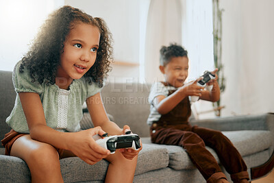 Buy stock photo Smile, controllers and children on sofa with video game for bonding, weekend and relax in home. Happy, rest and kid siblings live streaming electronic entertainment for fun in living room at house.