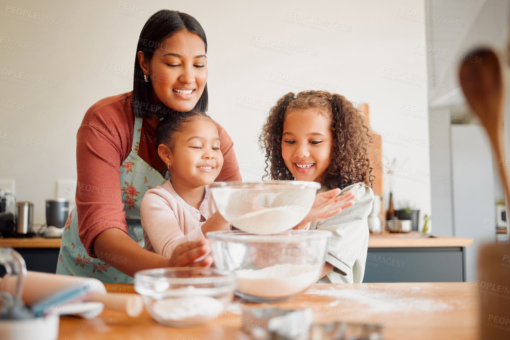 Buy stock photo Mother, smile and baking with children in home for help, support and parent teaching to cook. Flour, woman and happy with kids in kitchen for ingredients, preparation and learning recipe on weekend