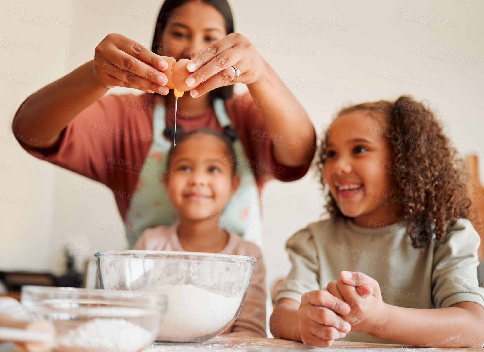 Buy stock photo Family, children and mother with egg in kitchen for help, support and teaching baking recipe. Happy, kids and woman with bowl at home for ingredients, preparation and learning to cook on weekend