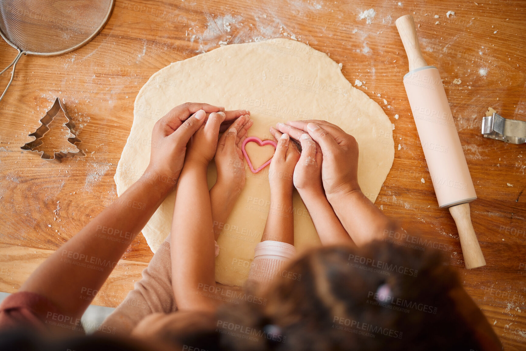 Buy stock photo Baking, heart and hands of children with dough for cake, cookies and dessert for bonding, fun or relationship. Family, home and young girls with ingredients, recipe and learning together in kitchen