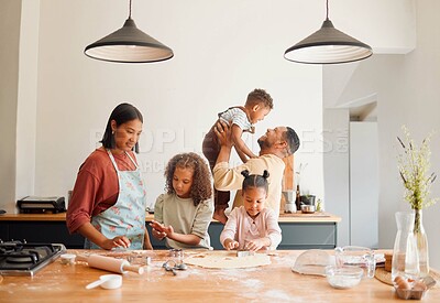 Buy stock photo Family, home and baking with children in kitchen for love, support and parents teaching recipe. Father, mother and smile with kids on weekend for ingredients, preparation or learning to cook together