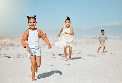 Buy stock photo Young kids, run and beach with fun, vacation and holiday together with game outdoor in the sun. Sea, youth and summer break with happy, smile and care of sibling with travel on trip in Miami