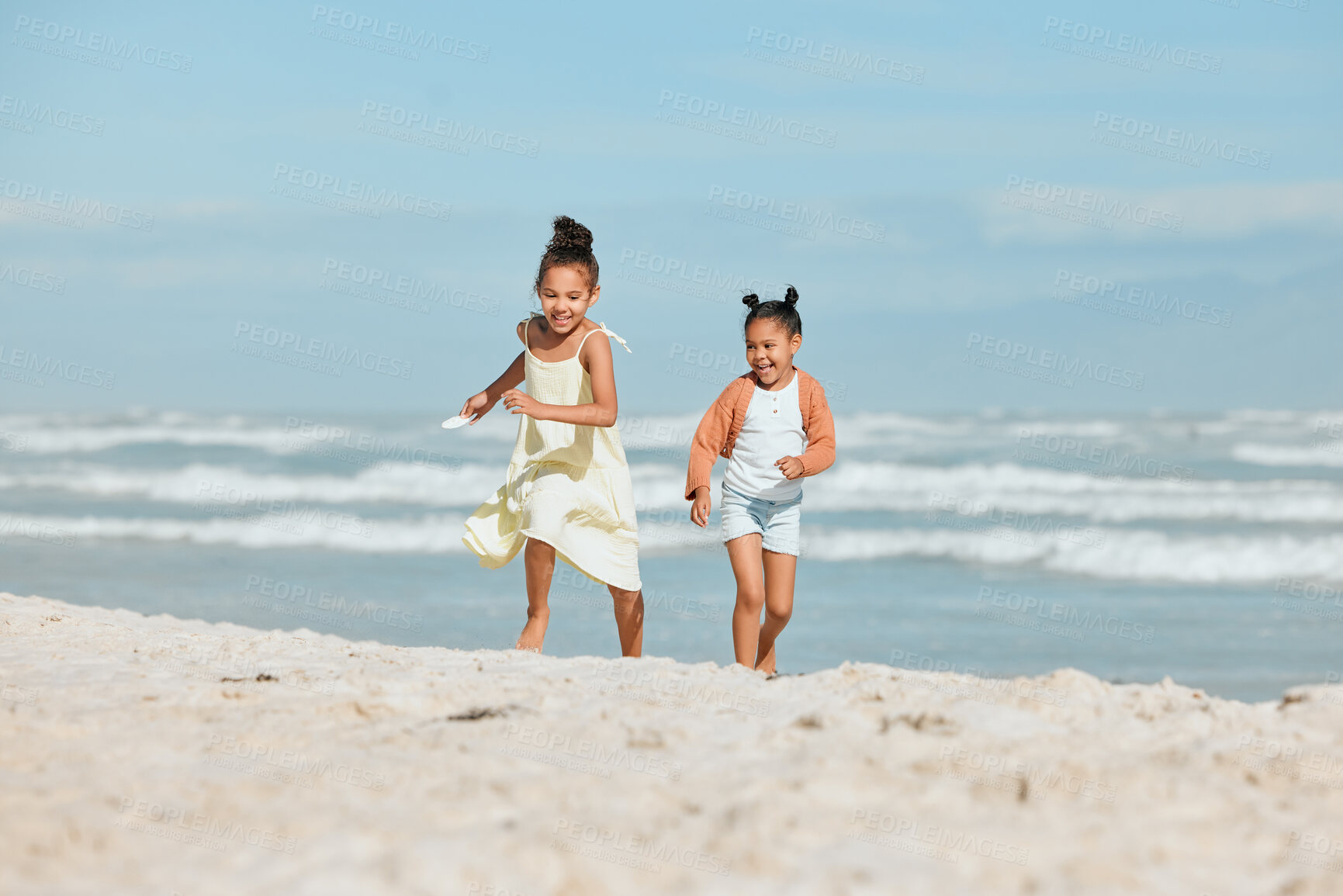 Buy stock photo Young girls, run and beach with fun, vacation and holiday together with game outdoor in the sun. Sea, youth and summer break with happy, smile and care of sibling with travel on trip in Miami