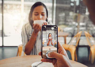 Buy stock photo Woman, phone and screen in cafe for photography, social media and drink on lunch break with coffee. Female person, mobile and morning in restaurant for memory, profile picture and relax with latte