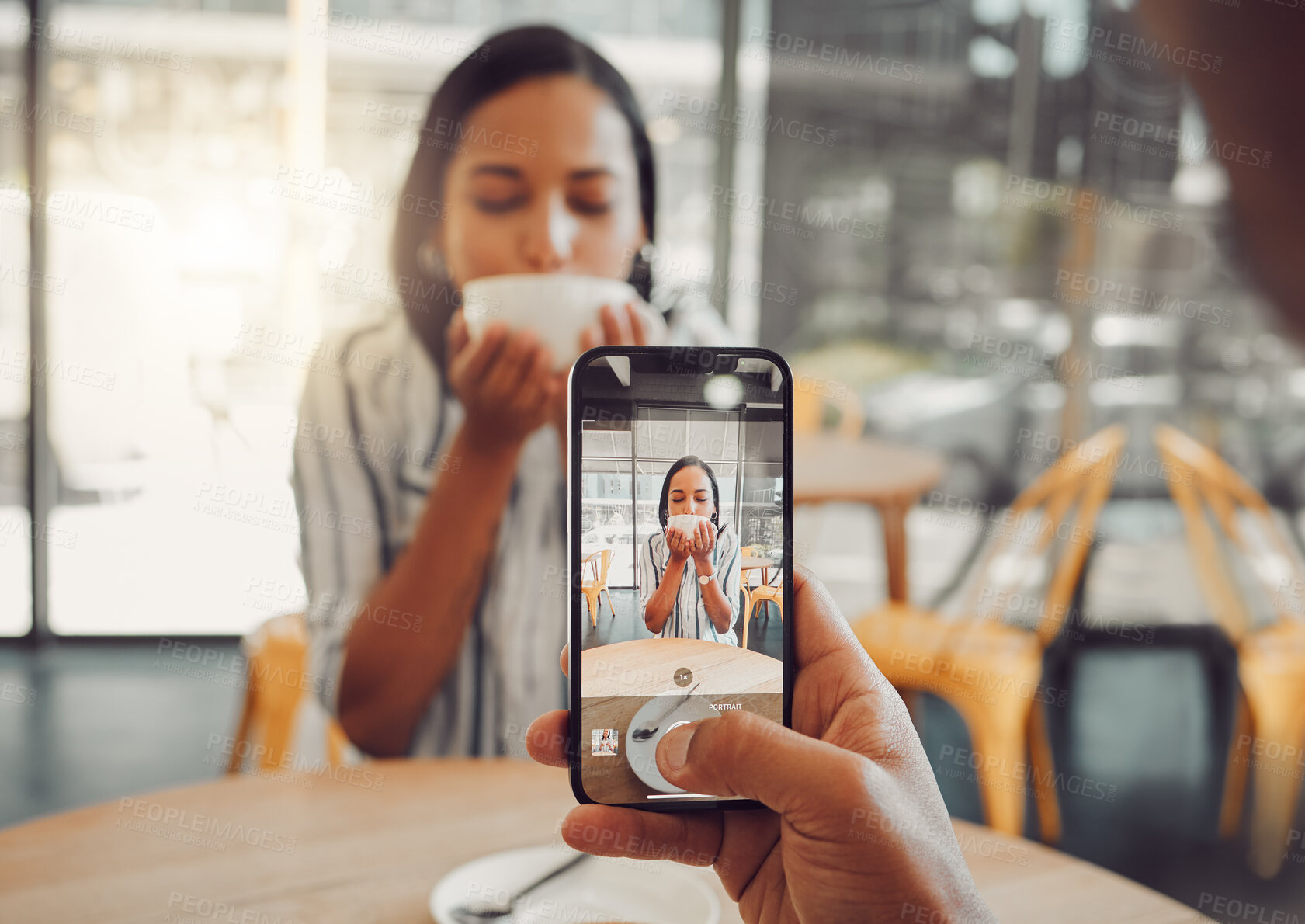 Buy stock photo Woman, phone and screen in cafe for photography, social media and drink on lunch break with coffee. Female person, mobile and morning in restaurant for memory, profile picture and relax with latte