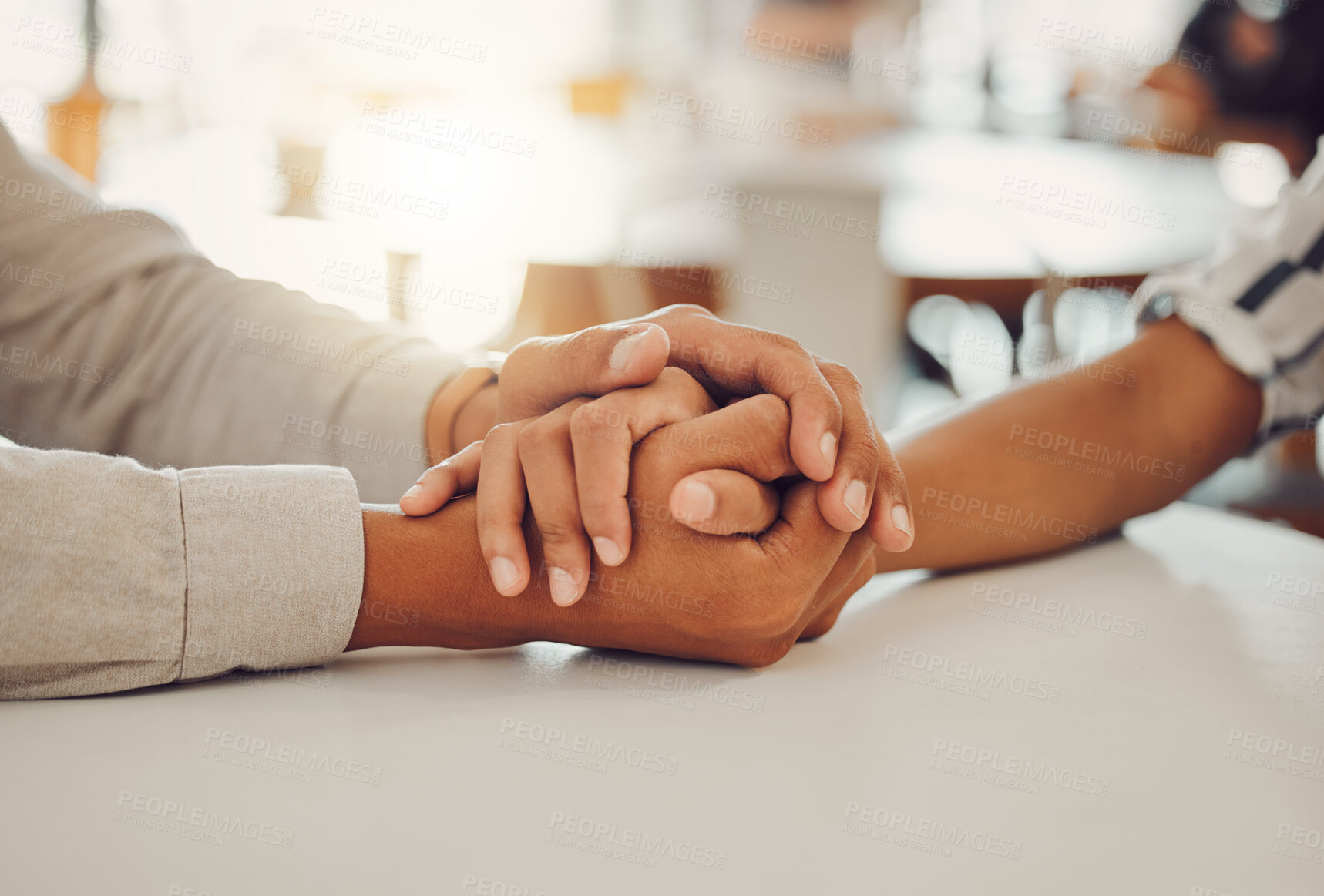 Buy stock photo Couple, holding hands and date in coffee shop with love, empathy and support in relationship. Man, woman or commitment gesture at cafe table with trust, compassion and loyalty with promise or comfort