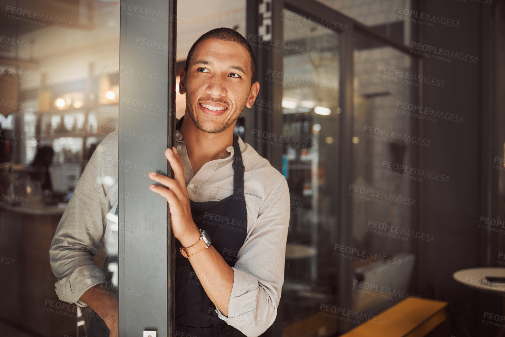 Buy stock photo Thinking, man and business owner at entrance of cafe with welcome, customer service and hospitality industry. Male waiter, open door and invitation, startup and breakfast store of restaurant greeting