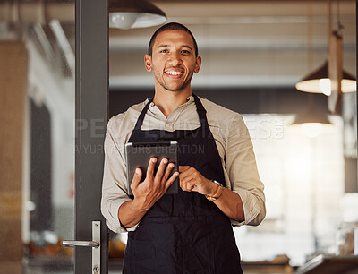 Buy stock photo Portrait, happy man and cafe owner with tablet for sales, inventory check or menu in small business. Face, coffee shop and entrepreneur with technology, waiter or barista by door at startup in Mexico