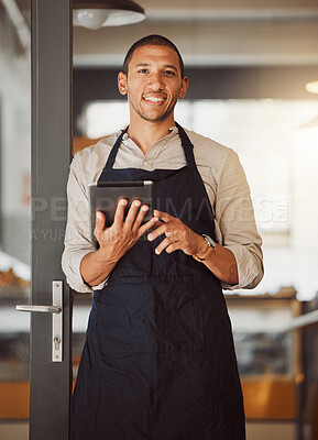 Buy stock photo Portrait, happy man and coffee shop owner with tablet for sales, inventory check or menu in small business. Smile, cafe or entrepreneur with technology, waiter or barista by door at startup in Mexico