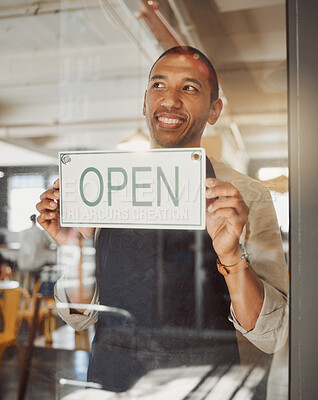 Buy stock photo Smile, man and business owner with open sign of cafe welcome, customer service and hospitality industry. Thinking, waiter and entrance with notice of invitation, startup news and breakfast restaurant