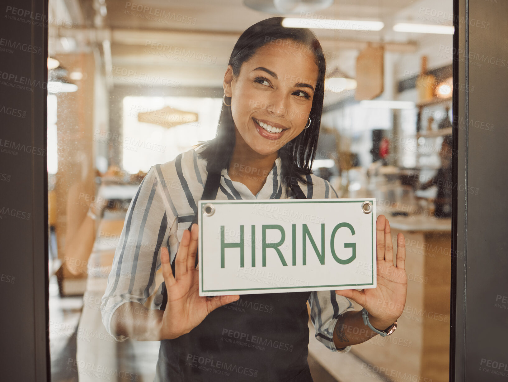 Buy stock photo Open, sign and happy woman by door of restaurant for announcement, information and service notice. Entrance, waitress and small business board for public communication, message and update at new cafe