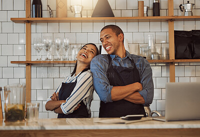 Buy stock photo Confident, arms crossed or happy couple in restaurant or cafe with smile or small business together. Teamwork, proud woman or managers at coffee shop or diner with hospitality service in partnership