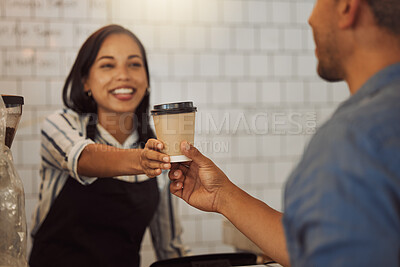 Buy stock photo Customer, takeaway and purchase with people in coffee shop for restaurant, barista and espresso. Food industry, diner and bakery with woman and cup in cafe for latte, hospitality and cafeteria