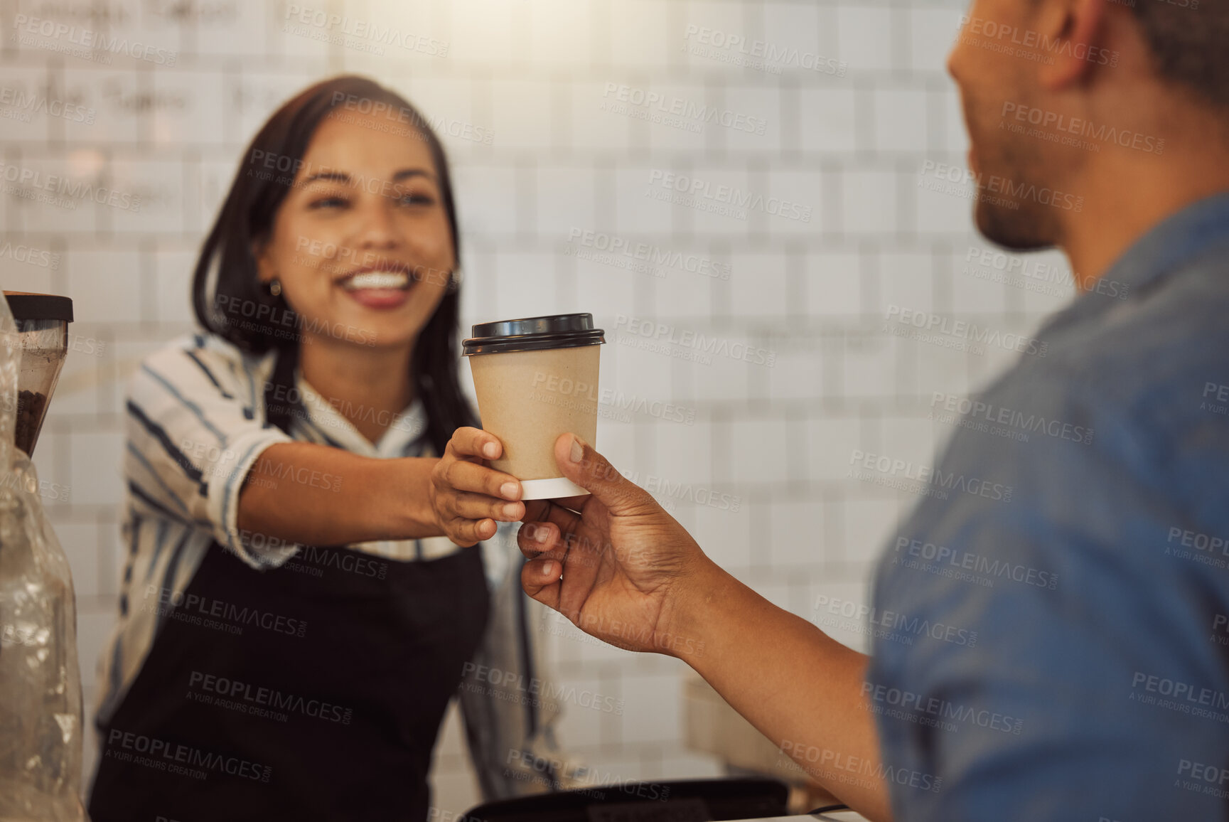 Buy stock photo Customer, takeaway and purchase with people in coffee shop for restaurant, barista and espresso. Food industry, diner and bakery with woman and cup in cafe for latte, hospitality and cafeteria