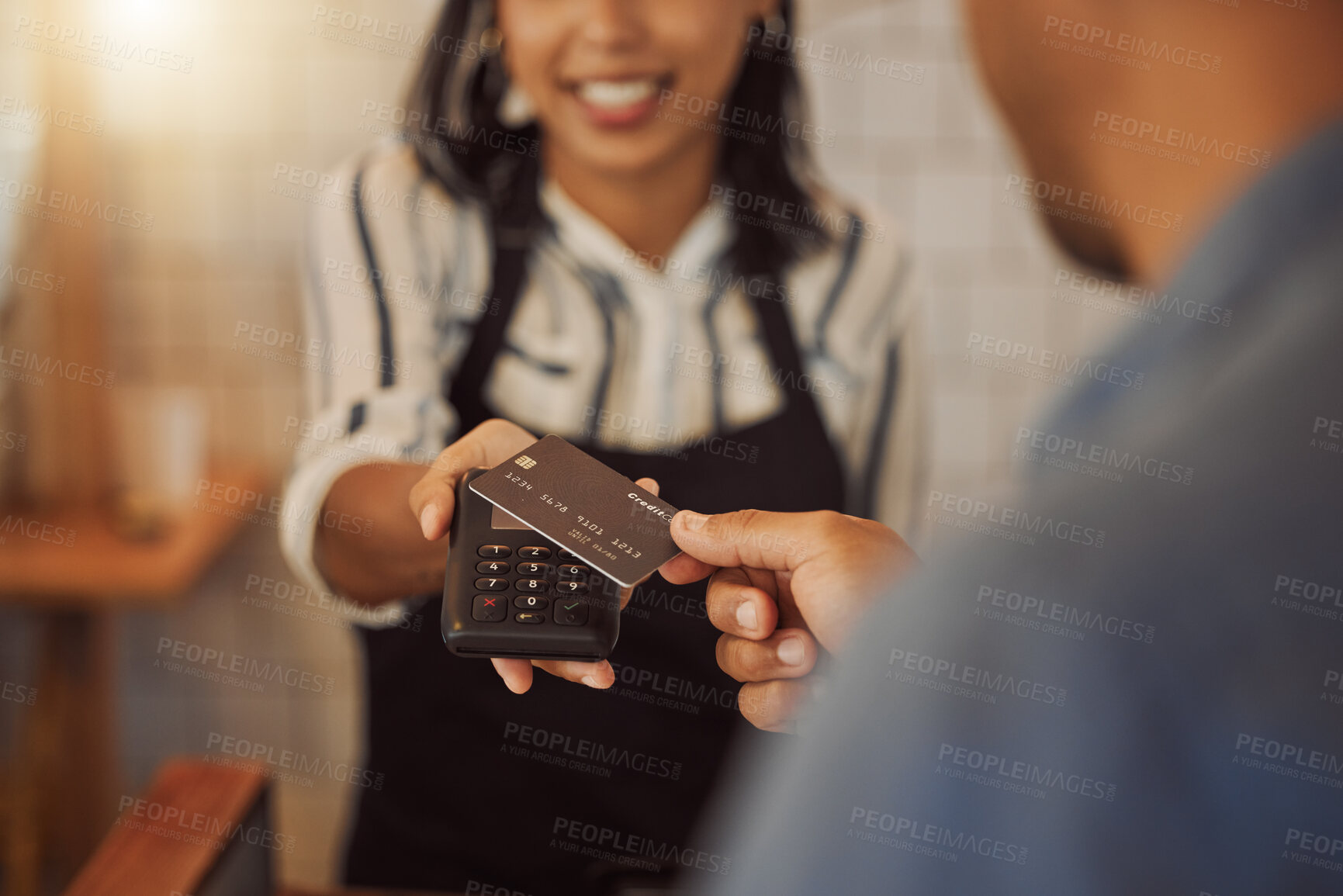 Buy stock photo People, card or hands in cafe for payment, business transaction or service charge on machine. Hospitality, waiter or man at POS with plastic for shopping, digital money or support local in restaurant