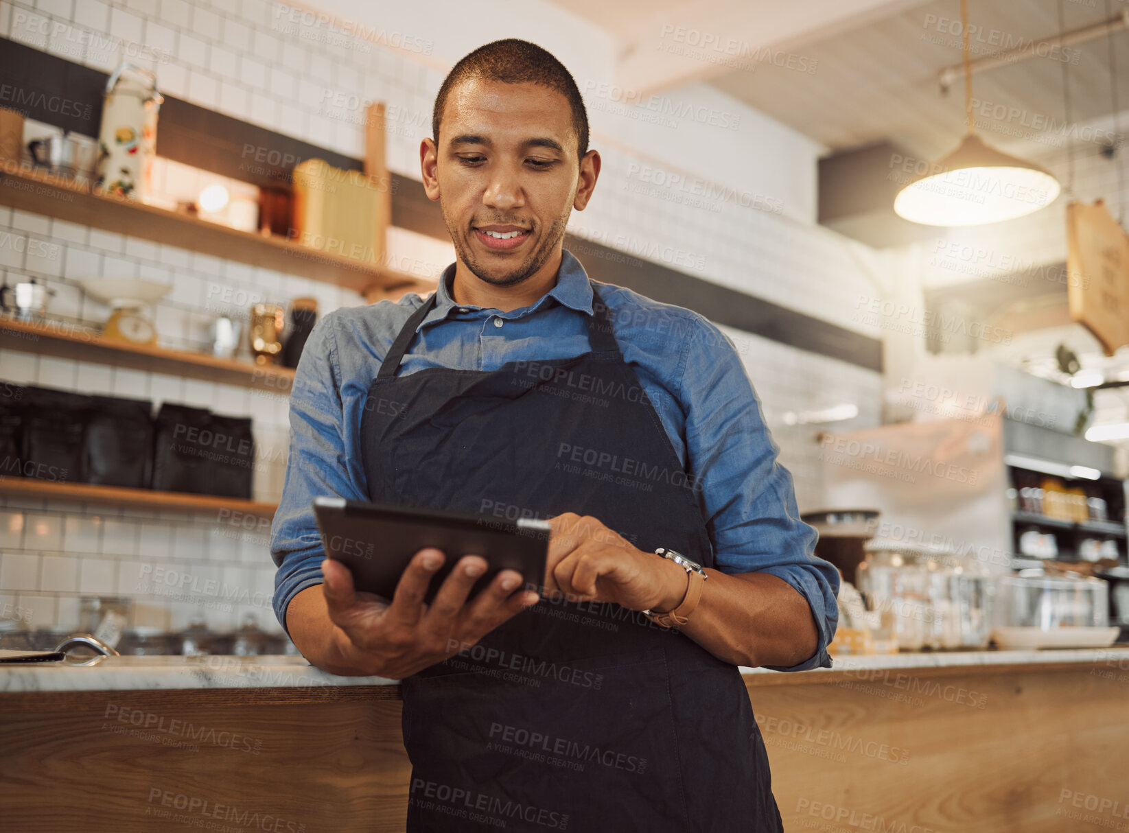 Buy stock photo Businessman, waiter and digital with tablet for cafe, online service and stock management with scroll. Coffee shop, male person and smile with technology for inventory tracking, menu web or checklist