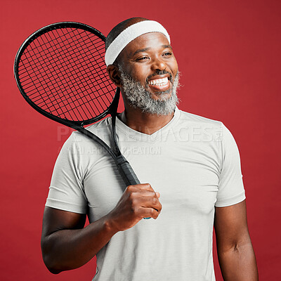 Buy stock photo Sport, man and smile with tennis racket in studio for competition match, exercise and workout. Mature athlete, black person and happy on red background for hobby, game fitness and confident trainer