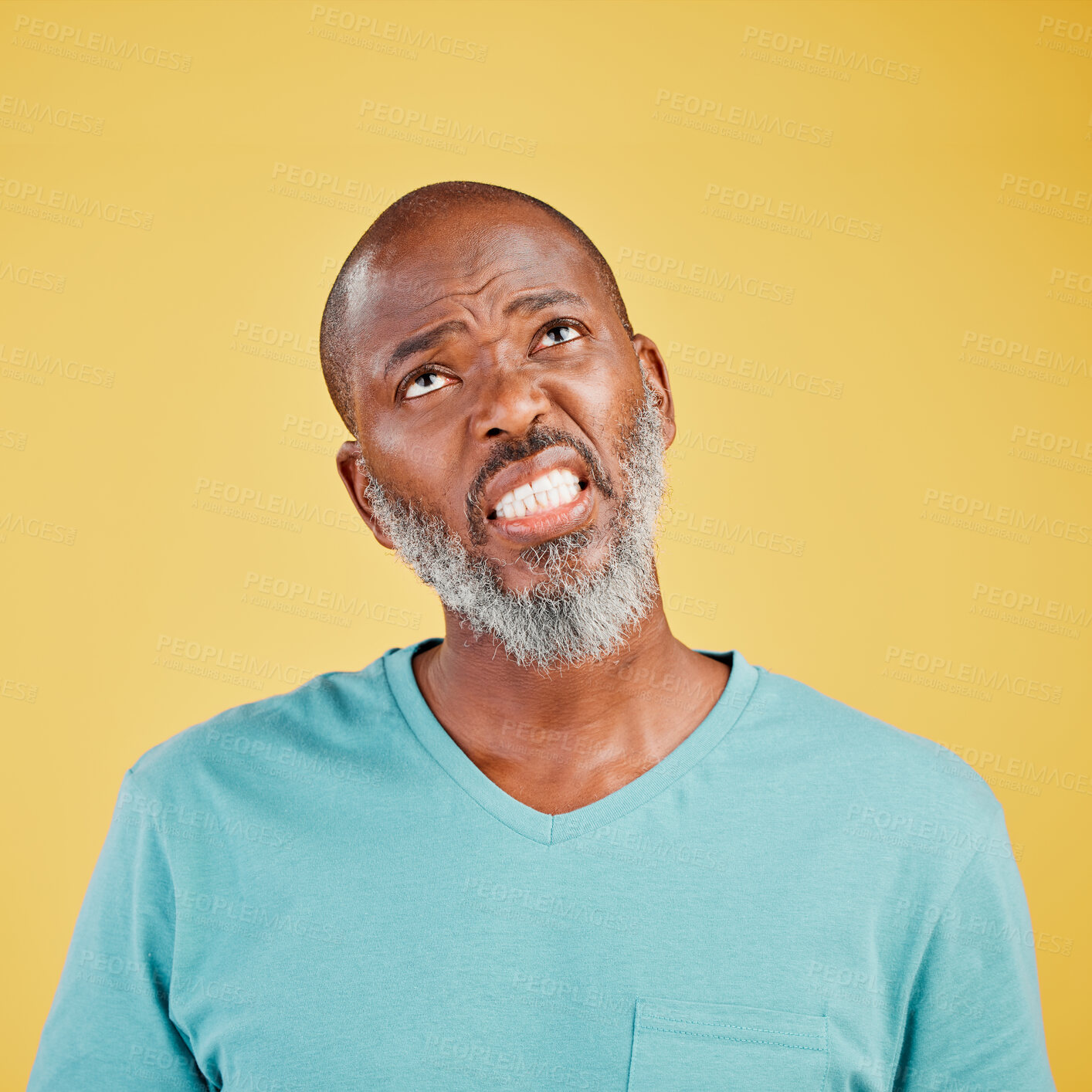 Buy stock photo Thinking, frustrated and mature black man in studio with memory, problem solving or decision. Remember, doubt and confused person with brainstorming, ideas and planning choice on yellow background