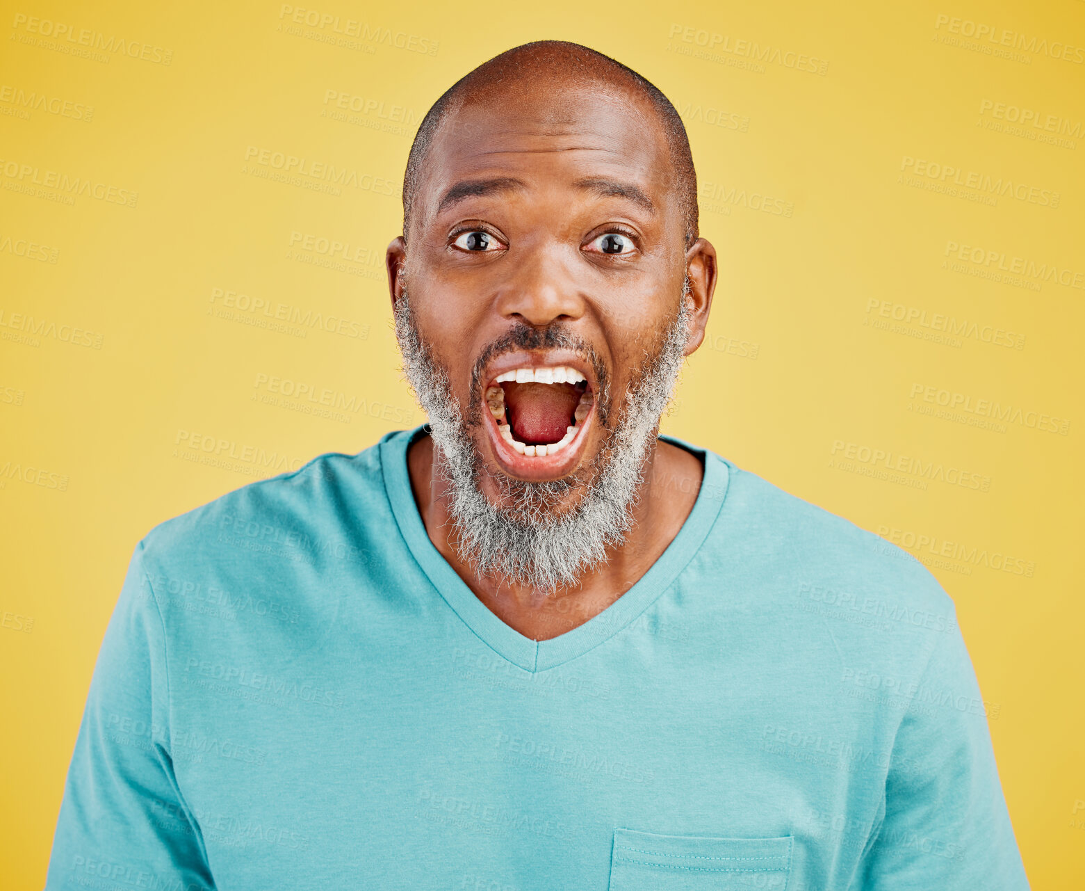 Buy stock photo Black man, portrait and surprise in studio, news and reaction for announcement on yellow background. Mature person, shock and wow for information or gossip revelation, omg and open mouth for rumor