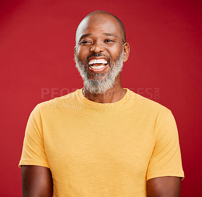 Buy stock photo Happy, portrait and black man laughing in studio with wellness or joy on yellow background. Face, African model or silly mature person with funny joke, humor or positive energy with smile or comedy