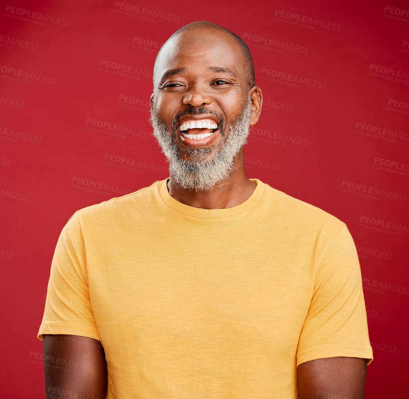 Buy stock photo Happy, portrait and black man laughing in studio with wellness or joy on yellow background. Face, African model or silly mature person with funny joke, humor or positive energy with smile or comedy