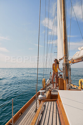 Buy stock photo Boat wheel, swimsuit or woman on sea for tropical holiday, vacation or location in Mallorca for summer. Girl, swimwear or luxury yacht for relax sailing, ocean transport or nature travel freedom