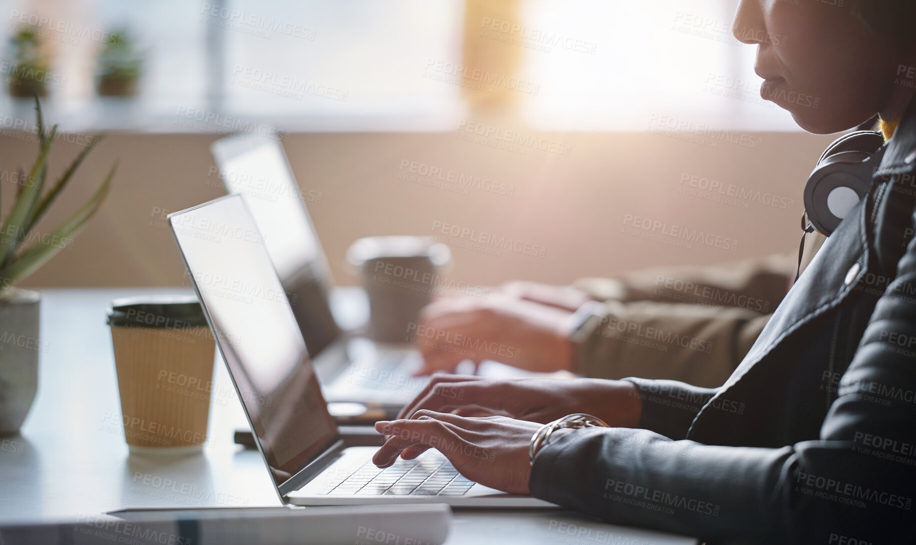 Buy stock photo Business people, hands and laptop at table in office for information technology, project or server. Programming, company and developer with tech at work for frontend development, debugging or testing