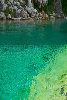 Buy stock photo Water, lake and green nature by mountains in tropical location for travel, holiday and vacation. Peace, calm and ecology environment in conservation, protection and sustainability in Menorca Canyon