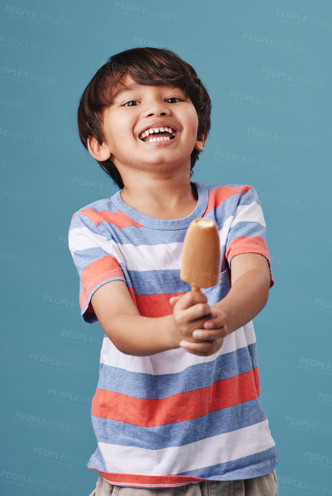 Buy stock photo Japanese boy, smile and popsicle in studio background with sweet snack or sucker in Japan. Male person, kid and happy in portrait with unhealthy food, dessert and treat with candy and ice cream