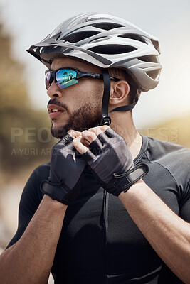 Buy stock photo Male cyclist, ready or safety for helmet with outdoor cycling or thinking, fitness goal or idea for sport. Man, gear or sunglasses for security in workout or planning, ride or countryside for health