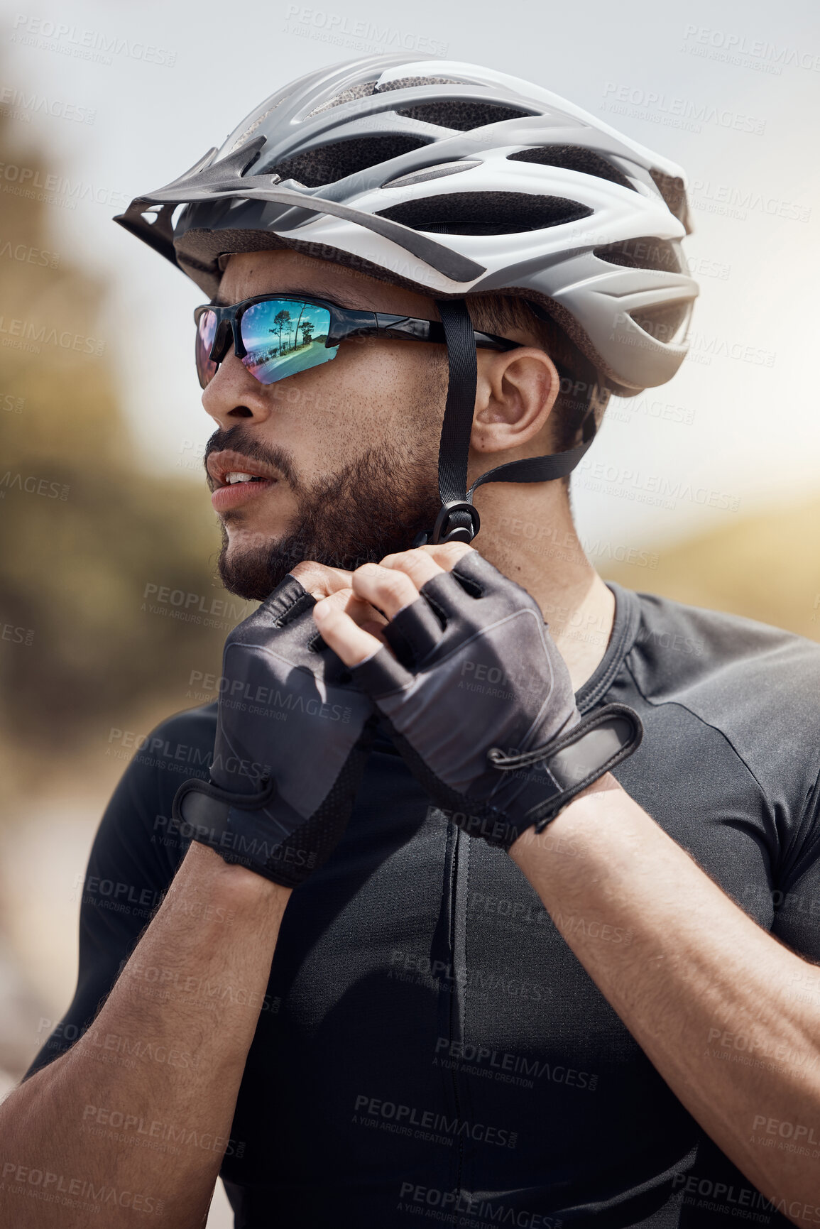 Buy stock photo Male cyclist, ready or safety for helmet with outdoor cycling or thinking, fitness goal or idea for sport. Man, gear or sunglasses for security in workout or planning, ride or countryside for health