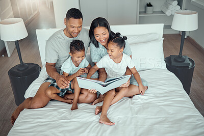 Buy stock photo Kids, parents and reading a book in bedroom for storytelling, language development or bonding with top view. Happy family, people and knowledge with fantasy novel, morning routine or learning support