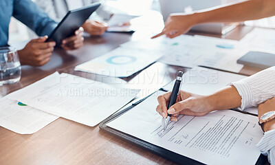 Buy stock photo Hand of business people sign contract at meeting after negotiation for b2b agreement or corporate partnership deal. Collaboration, teamwork and hands of team analyzing company financial profit data 