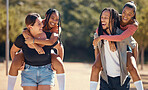 Friends, running and happy park group doing a piggy back race in nature. Diversity of laughing friendship of women and a man from Jamaica having a fun comic time and experience in the sun in summer