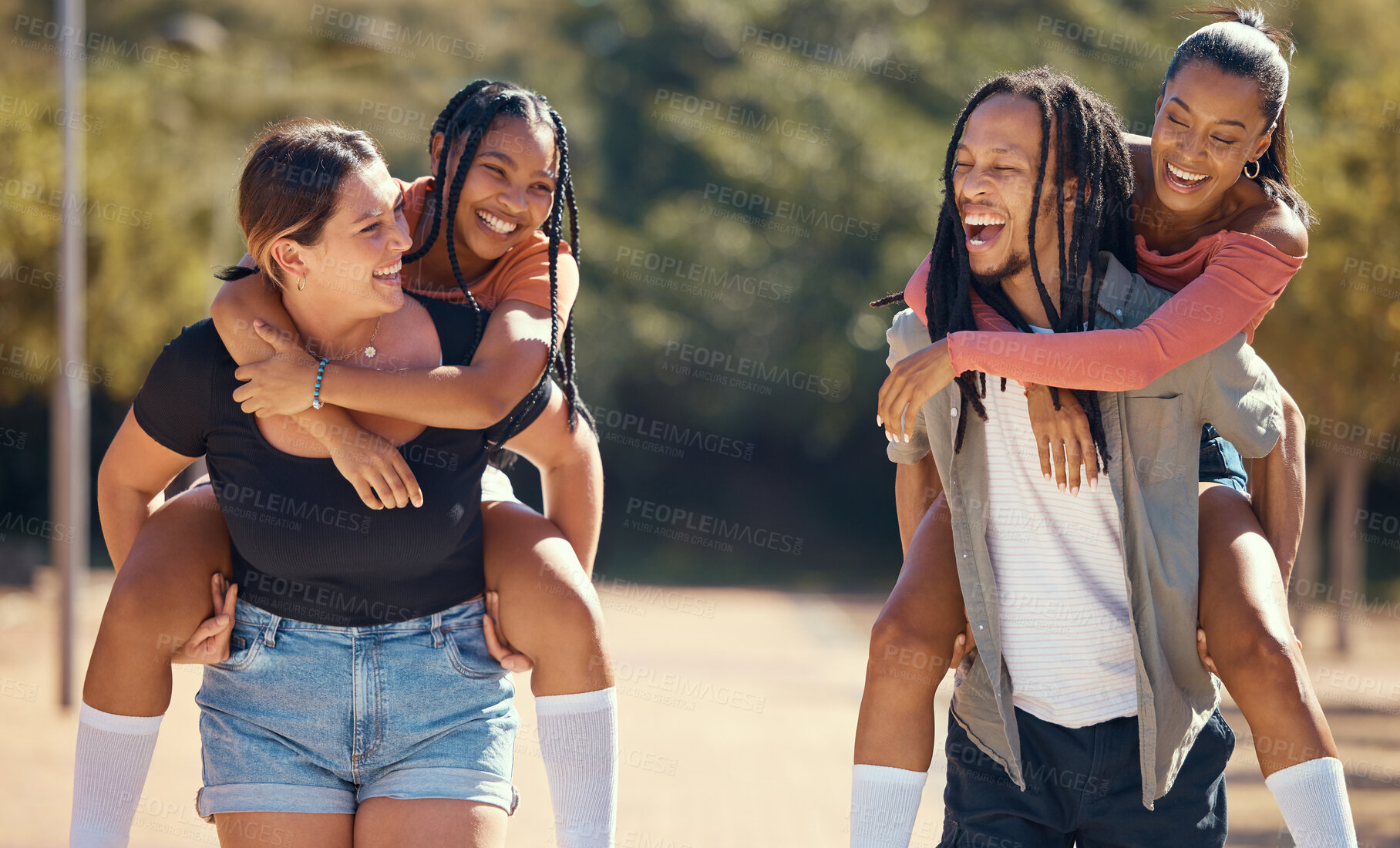 Buy stock photo Friends, running and happy park group doing a piggy back race in nature. Diversity of laughing friendship of women and a man from Jamaica having a fun comic time and experience in the sun in summer