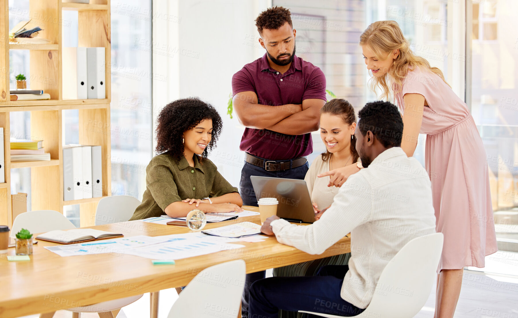 Buy stock photo Diversity, creative marketing or advertising meeting at startup with young trendy team of men and women. Communication, innovation and teamwork with business people working on ideas at office laptop.