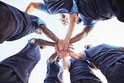 Buy stock photo Rugby, men and huddle of team with hand pile, motivation and pride in competitive game. Collaboration, sports and teamwork, below and diverse players for match, workout or tournament on field at club