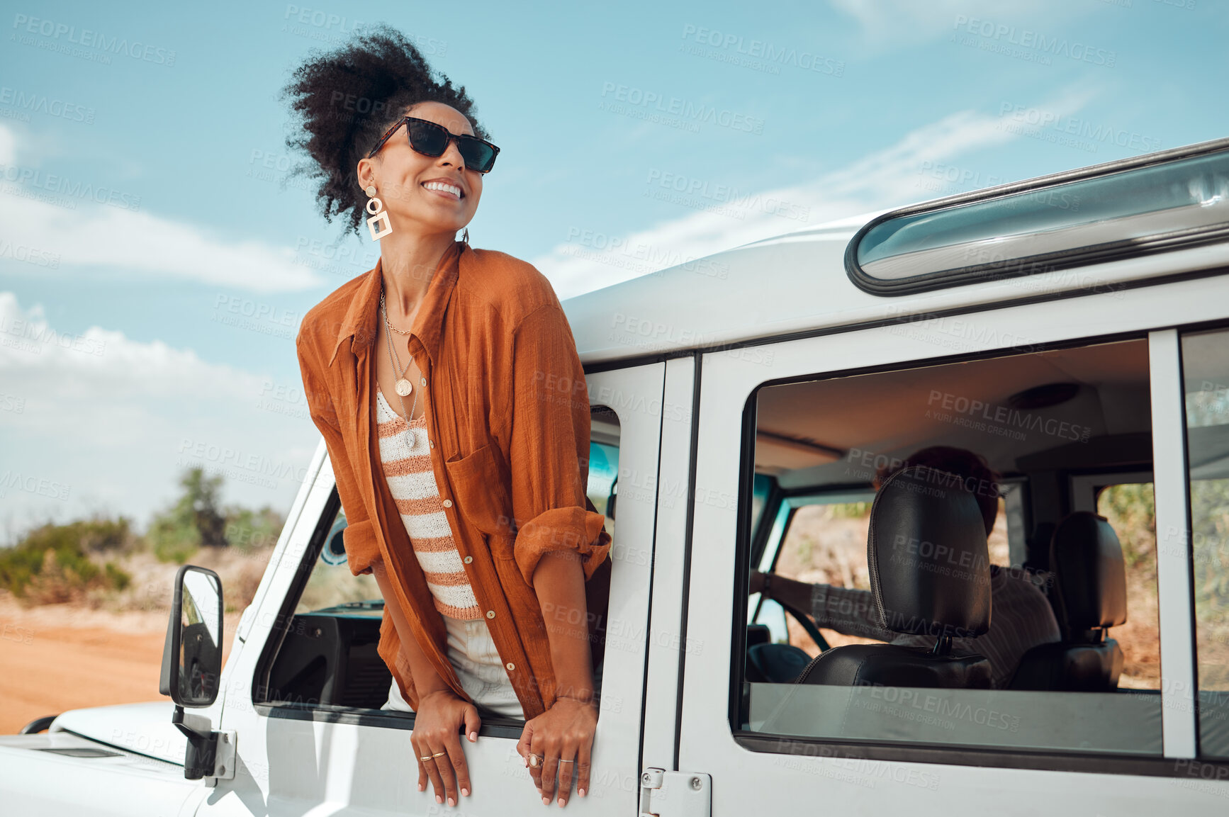 Buy stock photo Black woman on road, enjoying window view of desert and traveling in car on holiday road trip of South Africa. Travel adventure drive, happy summer vacation and explore freedom of nature in the sun