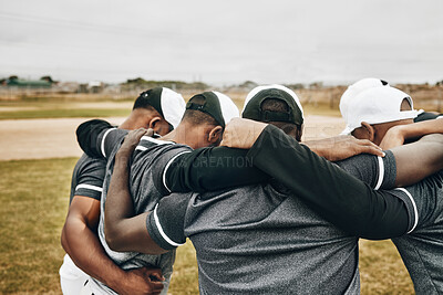 Buy stock photo Baseball people and sport team strategy in huddle at game on field for motivational support. Professional men athlete softball group prepare to play outdoor tournament in teamwork collaboration talk