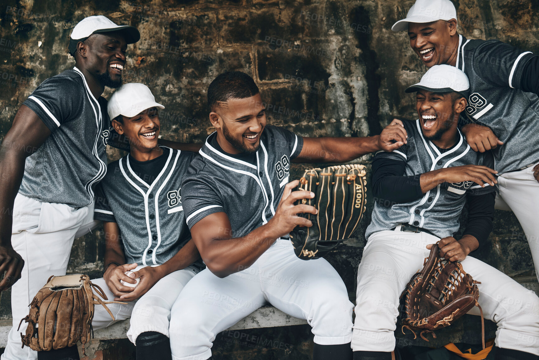 Buy stock photo Smile, happy or laughing baseball player team on fitness break, exercise workout or training in match game or competition. Men, friends or softball player sports people bonding in comic wellness rest