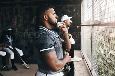 Buy stock photo Baseball, man and watching game with a ball in a sports dugout with his team in club uniform. Latino men watch baseball game on the bench together or waiting to start training, workout or practice   