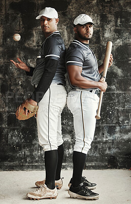 Buy stock photo Baseball, sports and team with a man athlete and player standing back to back in uniform for training. Sport, teamwork and uniform with a portrait of friends ready for a game on a wall background