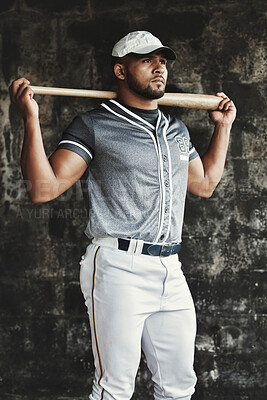 Buy stock photo Man, baseball and bat while thinking, focus and determination in match, game or sport. Baseball player, serious and contemplating in sports, tournament or competition for championship