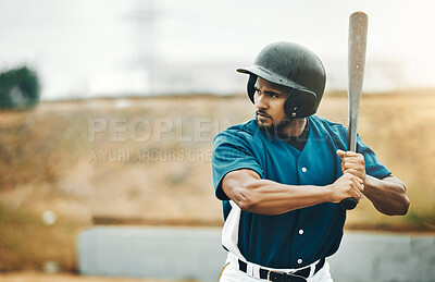 Buy stock photo Baseball player, training and bat for fitness workout on outdoor sports field. Serious athlete batter man, professional athlete and softball pitch for health and wellness exercise for baseball game
