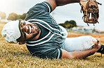 Baseball player, sports injury and knee pain with athlete man on grass pitch for leg osteoporosis and fibromyalgia. Health, injured and male with orthopedic or arthritis problem at sport match