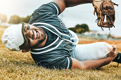 Buy stock photo Baseball player, sports injury and knee pain with athlete man on grass pitch for leg osteoporosis and fibromyalgia. Health, injured and male with orthopedic or arthritis problem at sport match